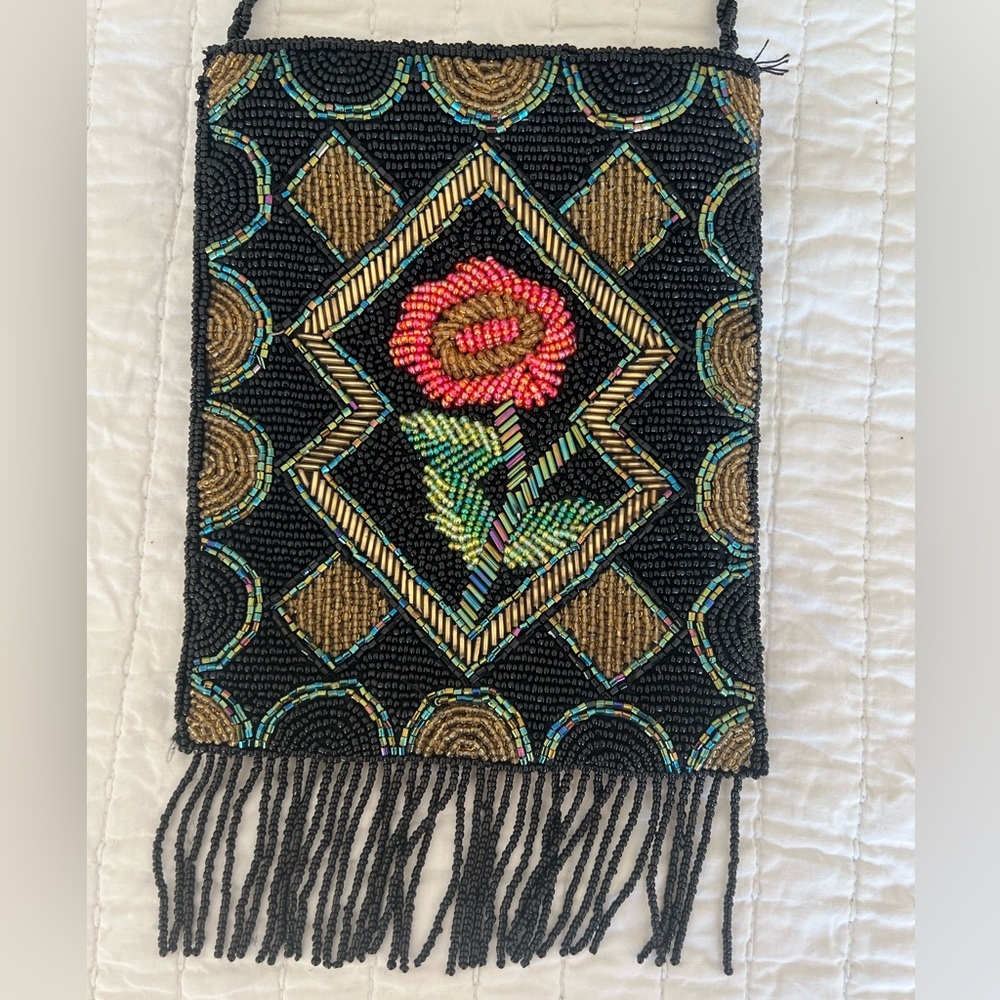 Vintage Black Beaded Fringe Crossbody Purse